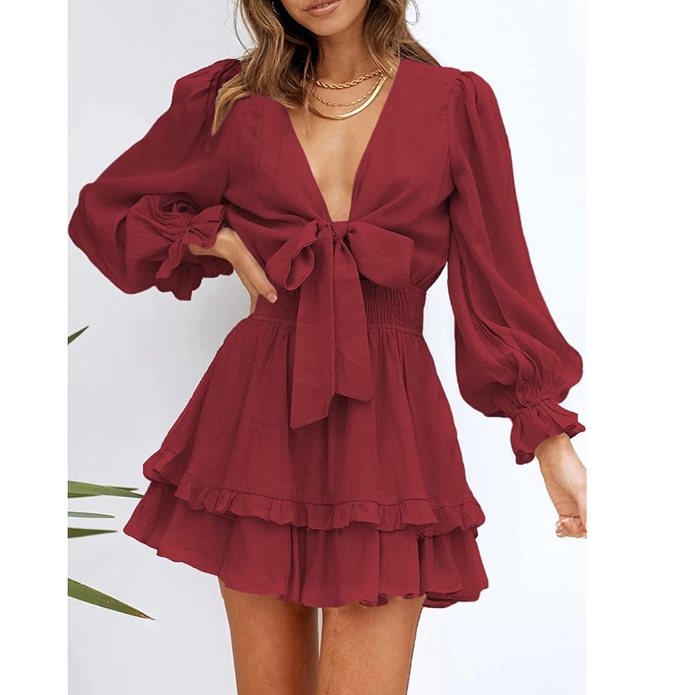 Red long sleeve balloon sleeve v neck a line bow swing mini dress
